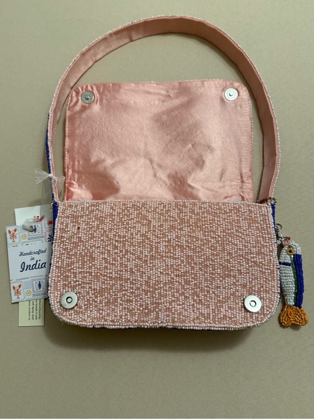 India Beaded Bag Pink Sardines with Sardine Bag Charm - Picture 6 of 11